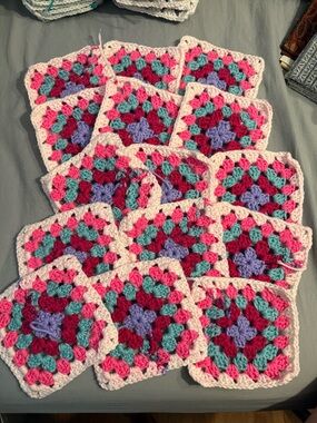 15 Handmade Crochet Granny Squares in Pink, Teal, Purple